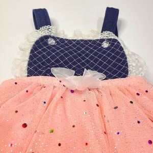 Denim bibbed over all dress with pink glitter tutu